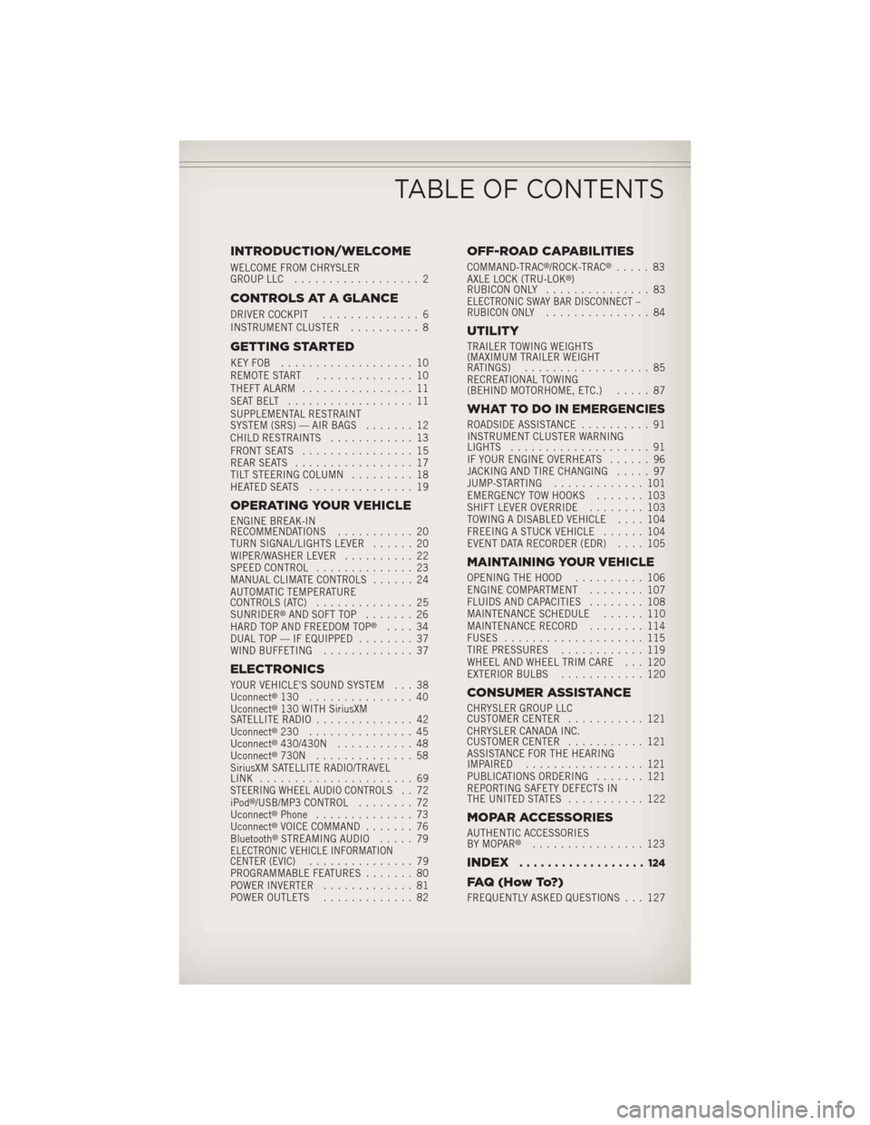 JEEP WRANGLER 2013 JK / 3.G User Guide INTRODUCTION/WELCOME
WELCOME FROM CHRYSLER
GROUP LLC.................. 2
CONTROLS AT A GLANCE
DRIVER COCKPIT .............. 6
INSTRUMENT CLUSTER .......... 8
GETTING STARTED
KEYFOB ...................
