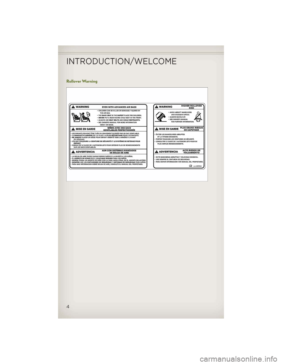 JEEP WRANGLER 2013 JK / 3.G User Guide Rollover Warning
INTRODUCTION/WELCOME
4 JEEP WRANGLER 2013 JK / 3.G User Guide Rollover Warning
INTRODUCTION/WELCOME
4