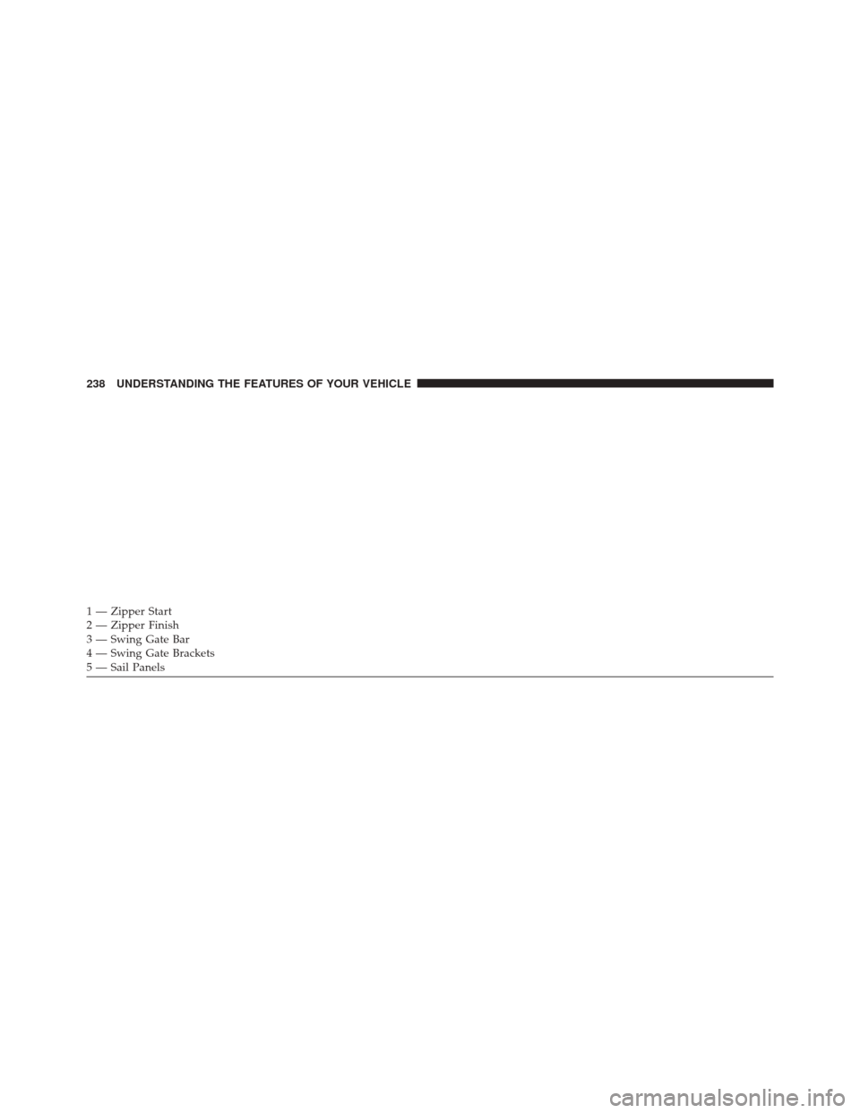 JEEP WRANGLER 2014 JK / 3.G Owners Manual 1 — Zipper Start
2 — Zipper Finish
3 — Swing Gate Bar
4 — Swing Gate Brackets
5 — Sail Panels 238 UNDERSTANDING THE FEATURES OF YOUR VEHICLE 
