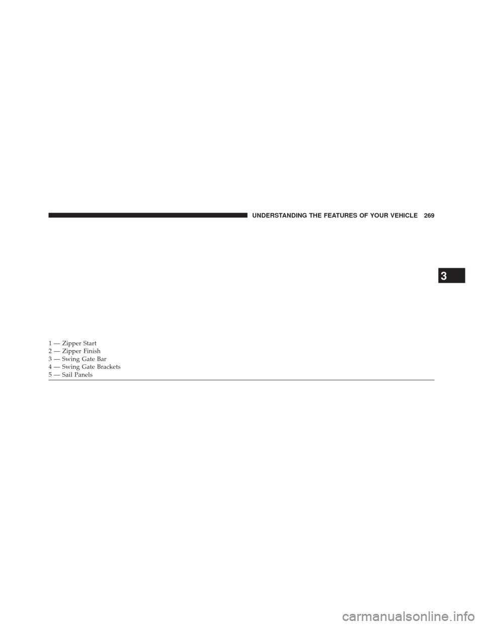 JEEP WRANGLER 2014 JK / 3.G Owners Manual 1 — Zipper Start
2 — Zipper Finish
3 — Swing Gate Bar
4 — Swing Gate Brackets
5 — Sail Panels
3
UNDERSTANDING THE FEATURES OF YOUR VEHICLE 269 