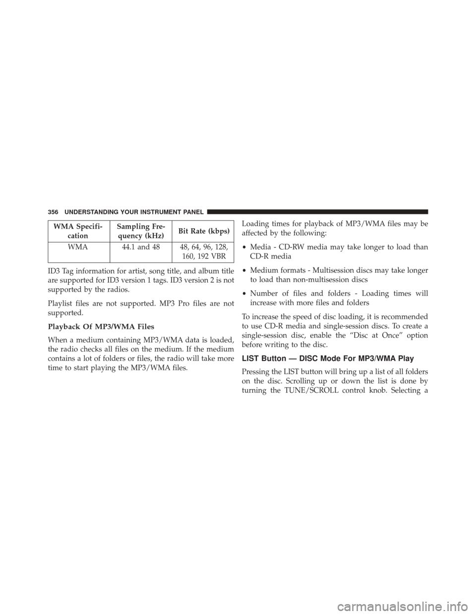 JEEP WRANGLER 2014 JK / 3.G Owners Manual WMA Specifi-cation Sampling Fre-
quency (kHz) Bit Rate (kbps)
WMA 44.1 and 48 48, 64, 96, 128, 160, 192 VBR
ID3 Tag information for artist, song title, and album title
are supported for ID3 version 1 JEEP WRANGLER 2014 JK / 3.G Owners Manual WMA Specifi-cation Sampling Fre-
quency (kHz) Bit Rate (kbps)
WMA 44.1 and 48 48, 64, 96, 128, 160, 192 VBR
ID3 Tag information for artist, song title, and album title
are supported for ID3 version 1