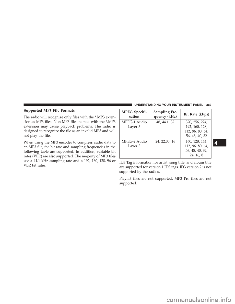 JEEP WRANGLER 2014 JK / 3.G Owners Manual Supported MP3 File Formats
The radio will recognize only files with the *.MP3 exten-
sion as MP3 files. Non-MP3 files named with the *.MP3
extension may cause playback problems. The radio is
designed 