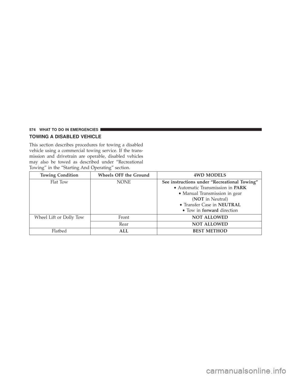 JEEP WRANGLER 2014 JK / 3.G Owners Manual TOWING A DISABLED VEHICLE
This section describes procedures for towing a disabled
vehicle using a commercial towing service. If the trans-
mission and drivetrain are operable, disabled vehicles
may al