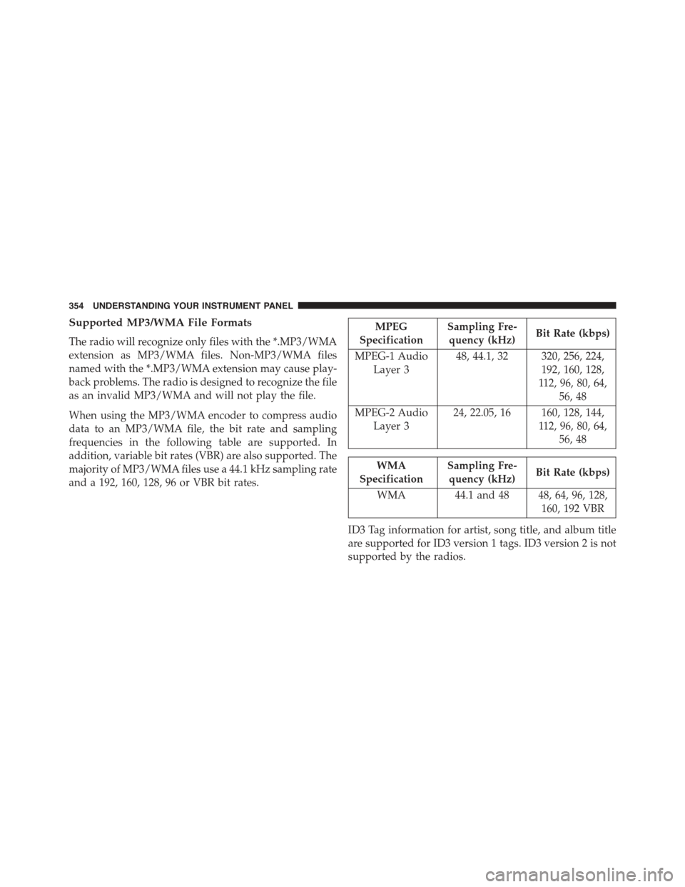 JEEP WRANGLER 2015 JK / 3.G Owners Manual Supported MP3/WMA File Formats
The radio will recognize only files with the *.MP3/WMA
extension as MP3/WMA files. Non-MP3/WMA files
named with the *.MP3/WMA extension may cause play-
back problems. Th JEEP WRANGLER 2015 JK / 3.G Owners Manual Supported MP3/WMA File Formats
The radio will recognize only files with the *.MP3/WMA
extension as MP3/WMA files. Non-MP3/WMA files
named with the *.MP3/WMA extension may cause play-
back problems. Th