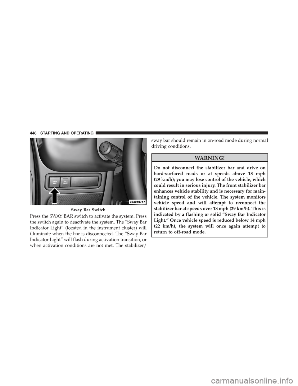 JEEP WRANGLER 2015 JK / 3.G Repair Manual Press the SWAY BAR switch to activate the system. Press
the switch again to deactivate the system. The “Sway Bar
Indicator Light” (located in the instrument cluster) will
illuminate when the bar i JEEP WRANGLER 2015 JK / 3.G Repair Manual Press the SWAY BAR switch to activate the system. Press
the switch again to deactivate the system. The “Sway Bar
Indicator Light” (located in the instrument cluster) will
illuminate when the bar i
