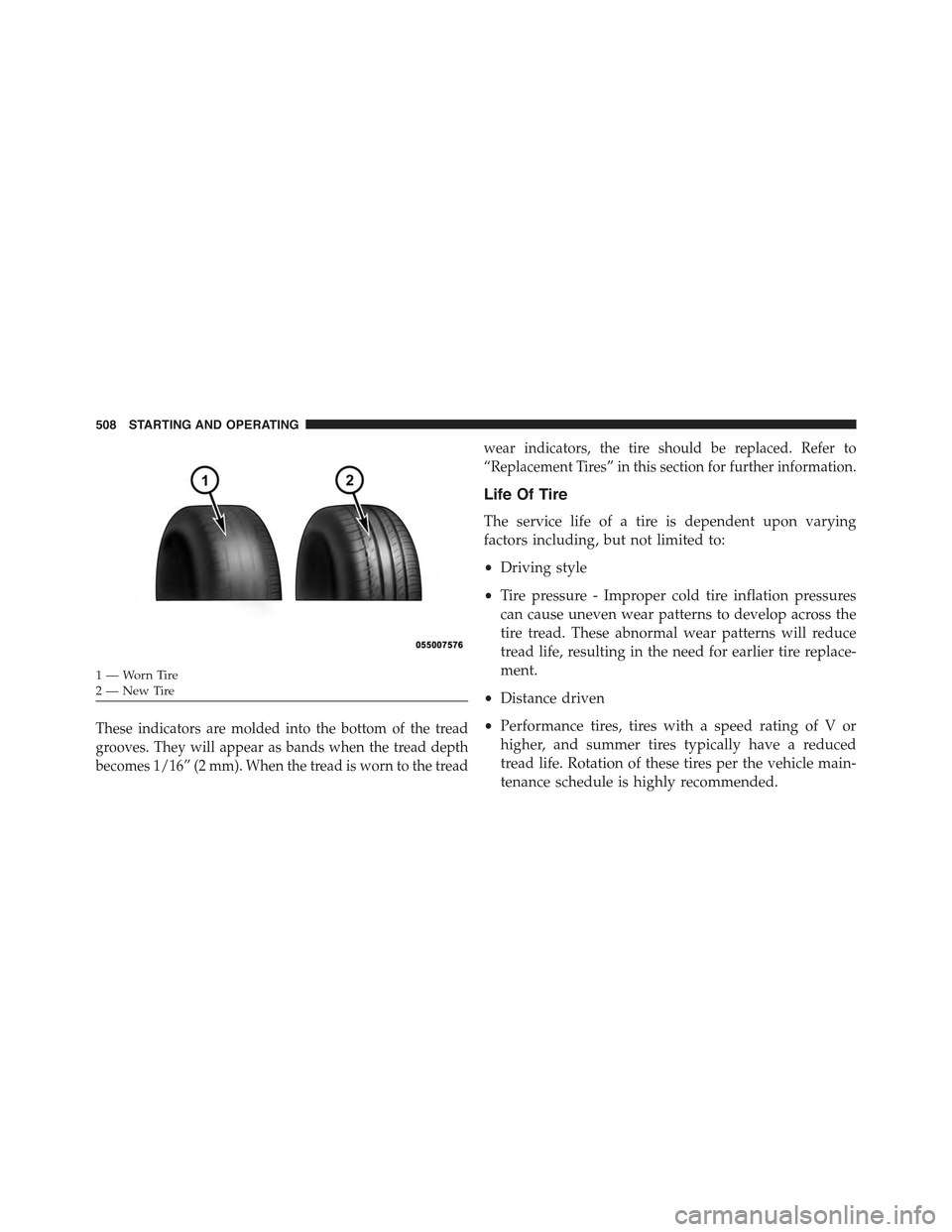 JEEP WRANGLER 2015 JK / 3.G Owners Manual These indicators are molded into the bottom of the tread
grooves. They will appear as bands when the tread depth
becomes 1/16” (2 mm). When the tread is worn to the tread
wear indicators, the tire s JEEP WRANGLER 2015 JK / 3.G Owners Manual These indicators are molded into the bottom of the tread
grooves. They will appear as bands when the tread depth
becomes 1/16” (2 mm). When the tread is worn to the tread
wear indicators, the tire s