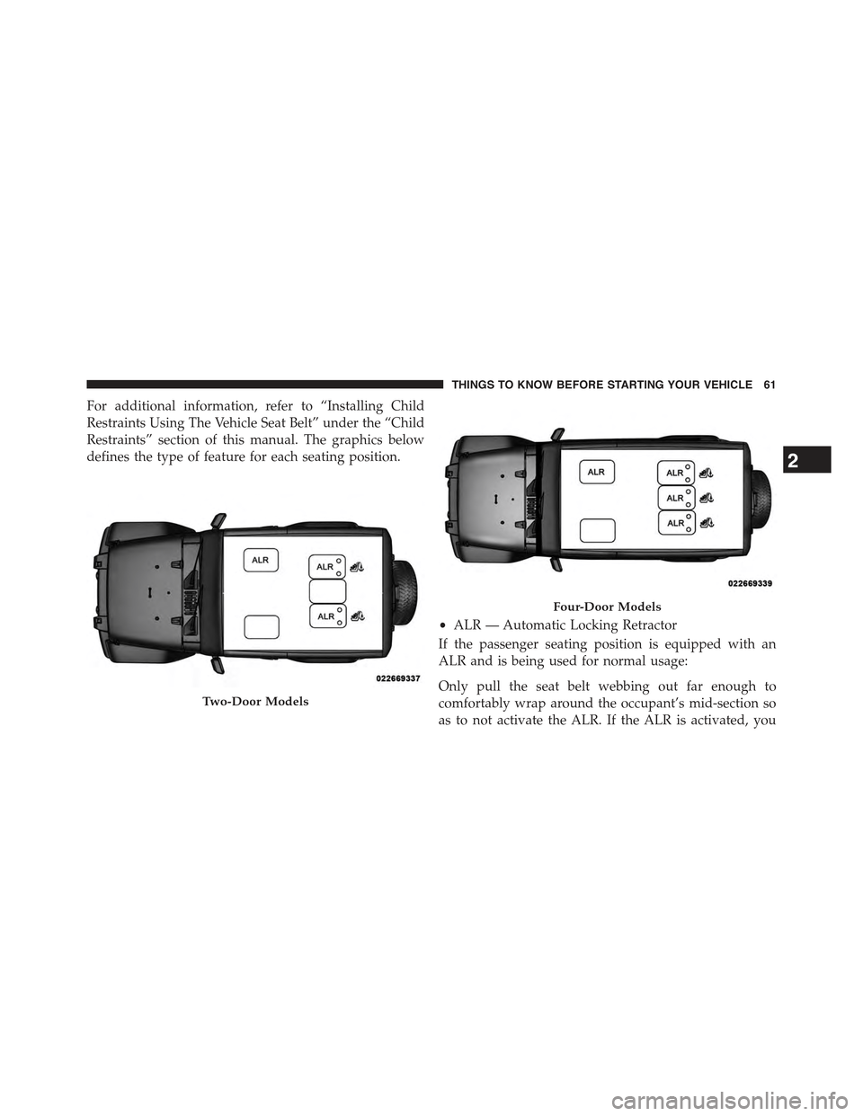 JEEP WRANGLER 2015 JK / 3.G Owners Manual For additional information, refer to “Installing Child
Restraints Using The Vehicle Seat Belt” under the “Child
Restraints” section of this manual. The graphics below
defines the type of featu