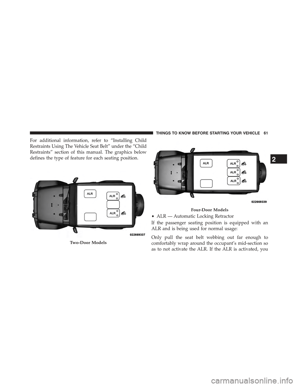 JEEP WRANGLER 2015 JK / 3.G Repair Manual For additional information, refer to “Installing Child
Restraints Using The Vehicle Seat Belt” under the “Child
Restraints” section of this manual. The graphics below
defines the type of featu JEEP WRANGLER 2015 JK / 3.G Repair Manual For additional information, refer to “Installing Child
Restraints Using The Vehicle Seat Belt” under the “Child
Restraints” section of this manual. The graphics below
defines the type of featu