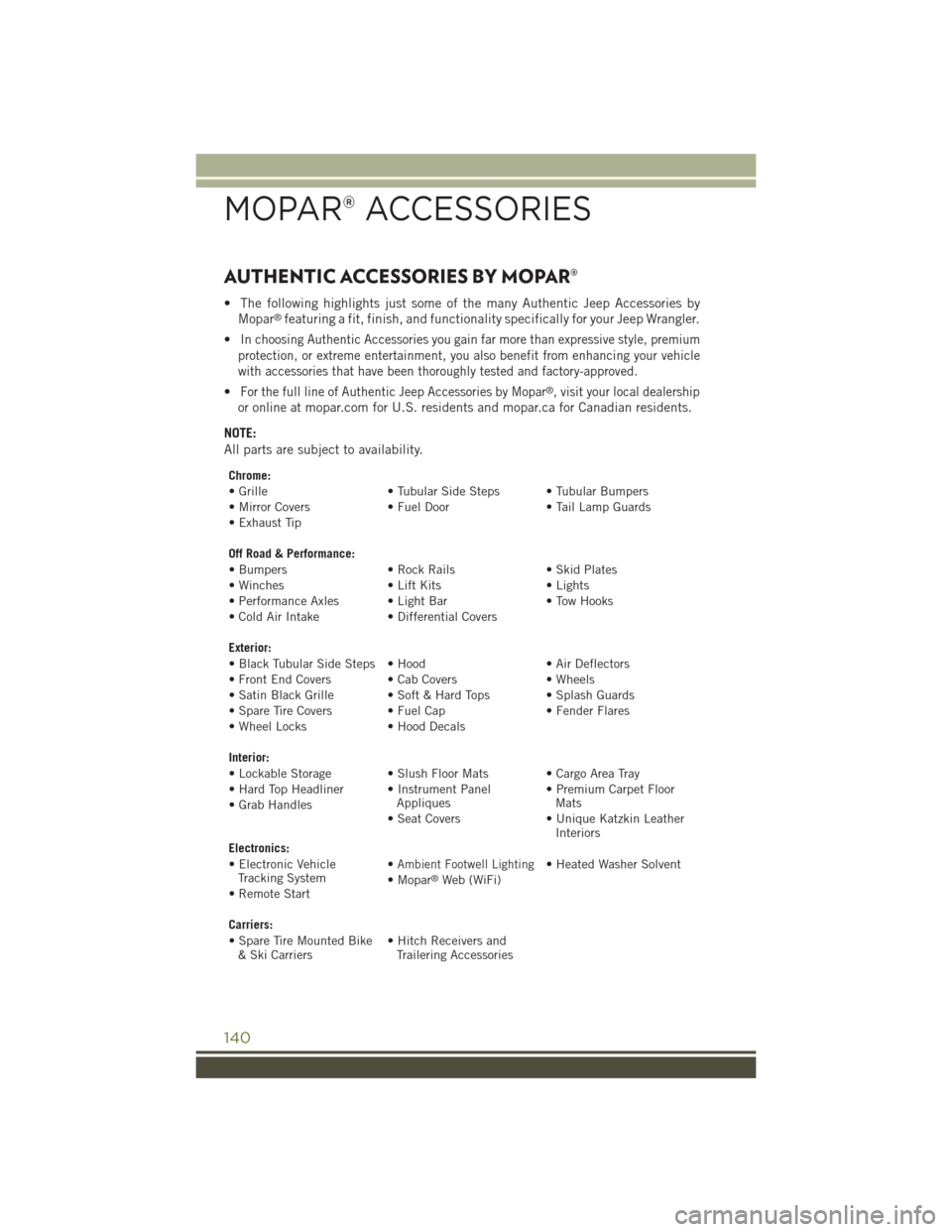 JEEP WRANGLER 2015 JK / 3.G User Guide AUTHENTIC ACCESSORIES BY MOPAR®
• The following highlights just some of the many Authentic Jeep Accessories by
Mopar®featuring a fit, finish, and functionality specifically for your Jeep Wrangler. JEEP WRANGLER 2015 JK / 3.G User Guide AUTHENTIC ACCESSORIES BY MOPAR®
• The following highlights just some of the many Authentic Jeep Accessories by
Mopar®featuring a fit, finish, and functionality specifically for your Jeep Wrangler.