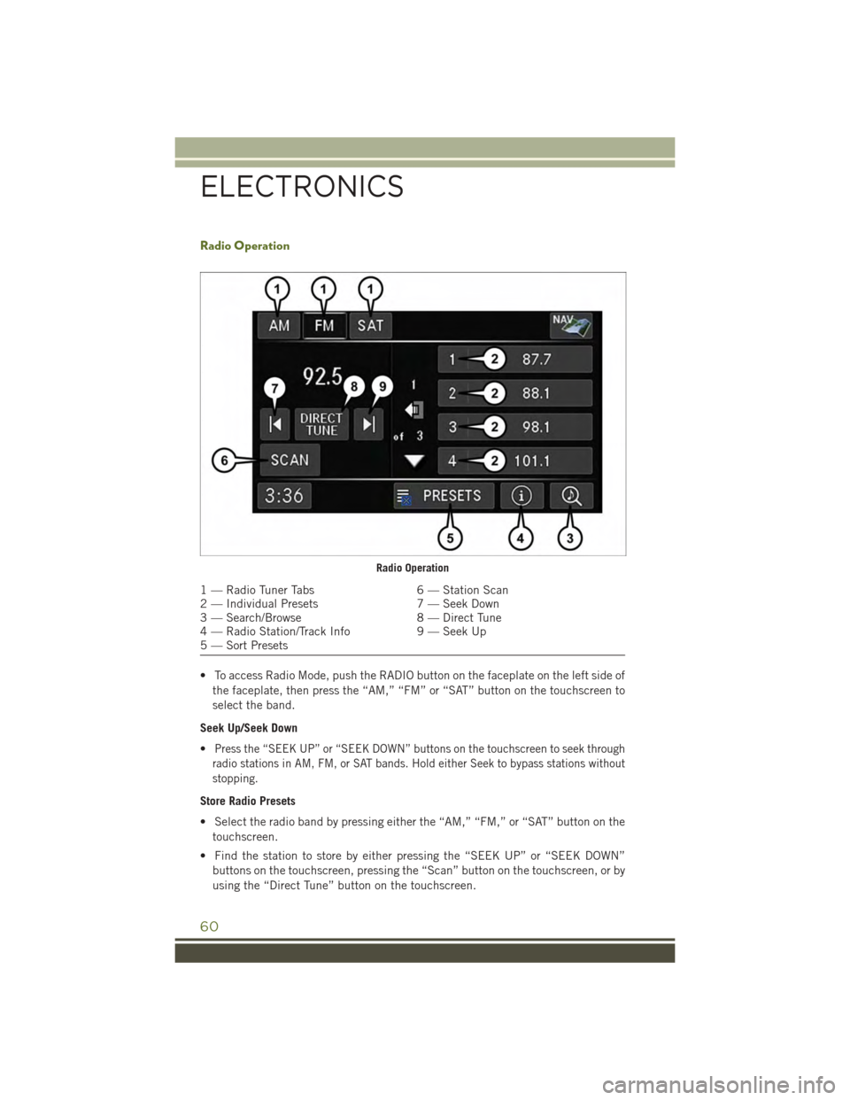 JEEP WRANGLER 2015 JK / 3.G User Guide Radio Operation
• To access Radio Mode, push the RADIO button on the faceplate on the left side of
the faceplate, then press the “AM,” “FM” or “SAT” button on the touchscreen to
select t JEEP WRANGLER 2015 JK / 3.G User Guide Radio Operation
• To access Radio Mode, push the RADIO button on the faceplate on the left side of
the faceplate, then press the “AM,” “FM” or “SAT” button on the touchscreen to
select t
