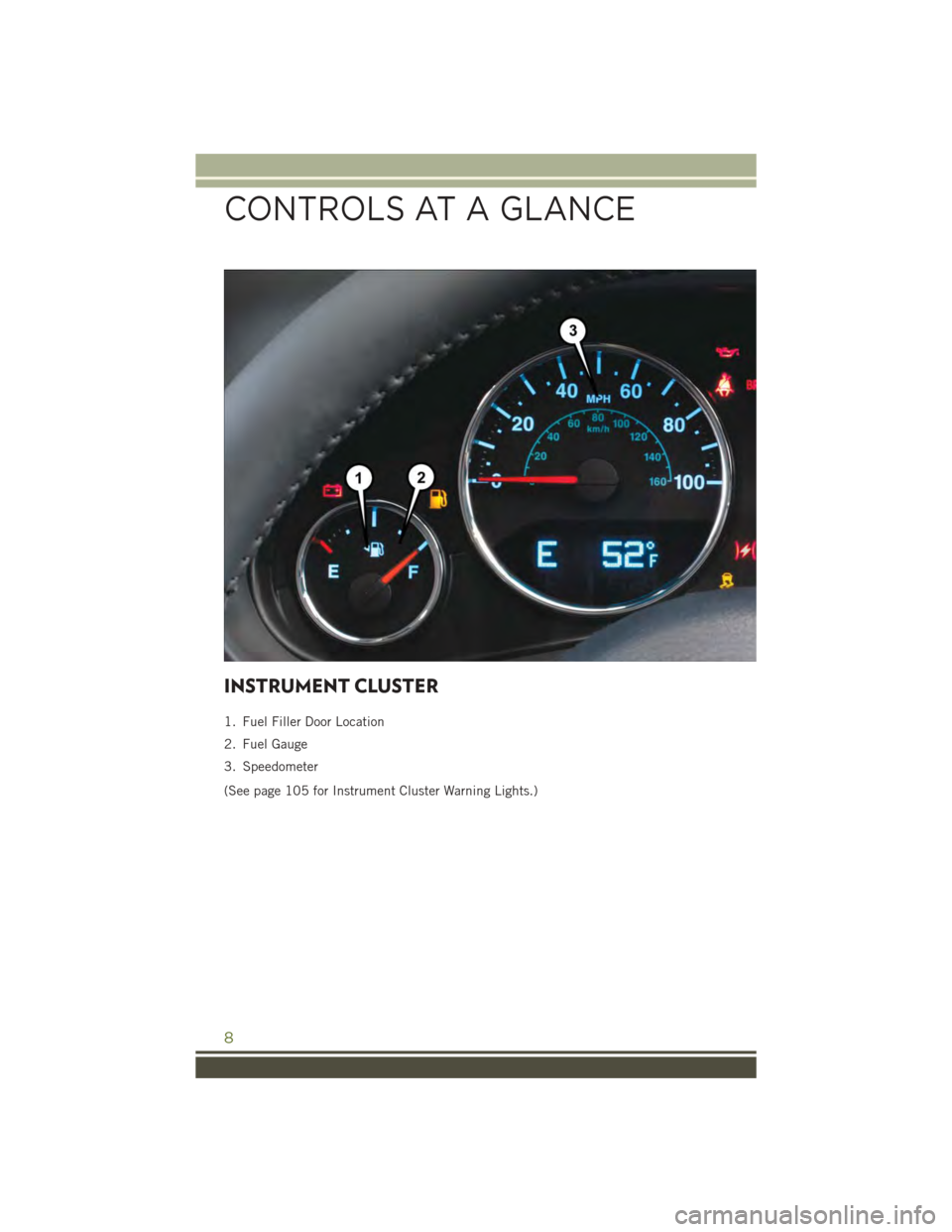 JEEP WRANGLER 2015 JK / 3.G User Guide INSTRUMENT CLUSTER
1. Fuel Filler Door Location
2. Fuel Gauge
3. Speedometer
(See page 105 for Instrument Cluster Warning Lights.)
CONTROLS AT A GLANCE
8 JEEP WRANGLER 2015 JK / 3.G User Guide INSTRUMENT CLUSTER
1. Fuel Filler Door Location
2. Fuel Gauge
3. Speedometer
(See page 105 for Instrument Cluster Warning Lights.)
CONTROLS AT A GLANCE
8