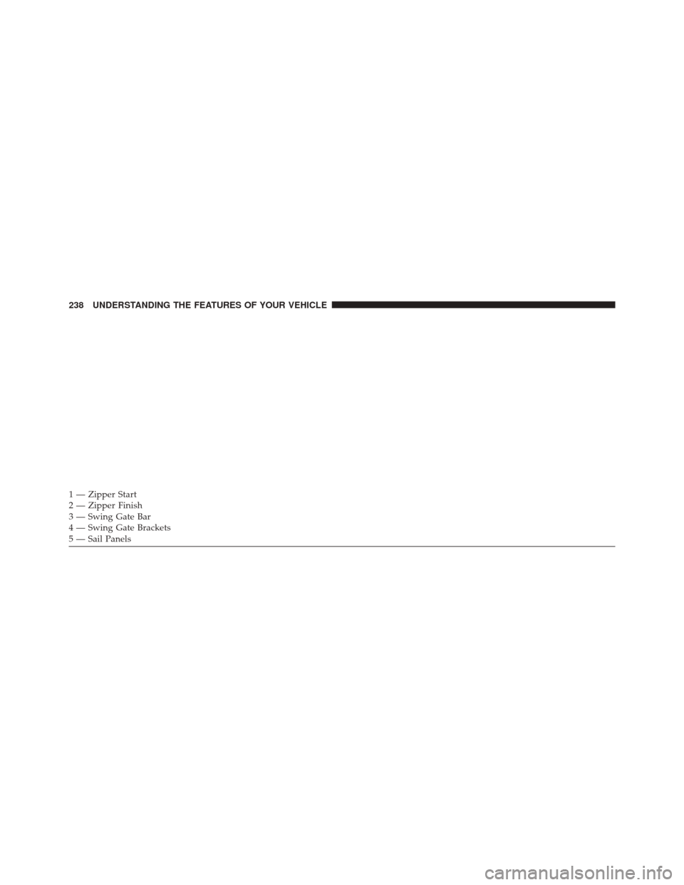 JEEP WRANGLER 2016 JK / 3.G Owners Manual 1 — Zipper Start
2 — Zipper Finish
3 — Swing Gate Bar
4 — Swing Gate Brackets
5 — Sail Panels 238 UNDERSTANDING THE FEATURES OF YOUR VEHICLE 