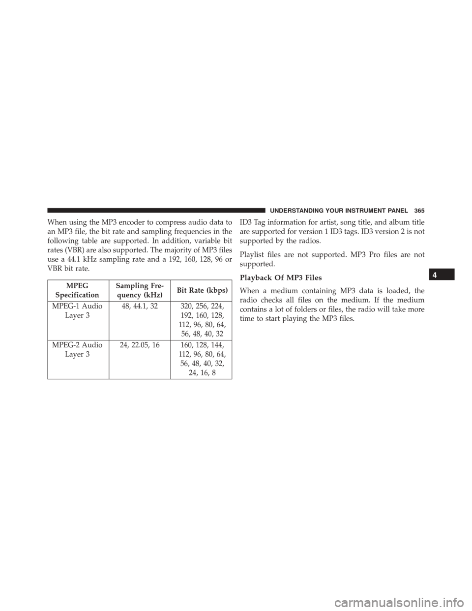 JEEP WRANGLER 2016 JK / 3.G Owners Manual When using the MP3 encoder to compress audio data to
an MP3 file, the bit rate and sampling frequencies in the
following table are supported. In addition, variable bit
rates (VBR) are also supported. JEEP WRANGLER 2016 JK / 3.G Owners Manual When using the MP3 encoder to compress audio data to
an MP3 file, the bit rate and sampling frequencies in the
following table are supported. In addition, variable bit
rates (VBR) are also supported.