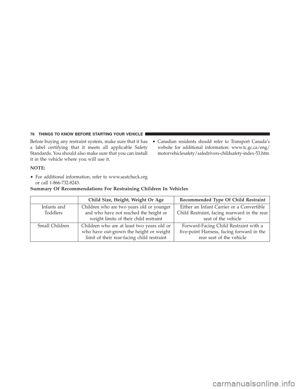 JEEP WRANGLER 2016 JK / 3.G Manual PDF Before buying any restraint system, make sure that it has
a label certifying that it meets all applicable Safety
Standards. You should also make sure that you can install
it in the vehicle where you w