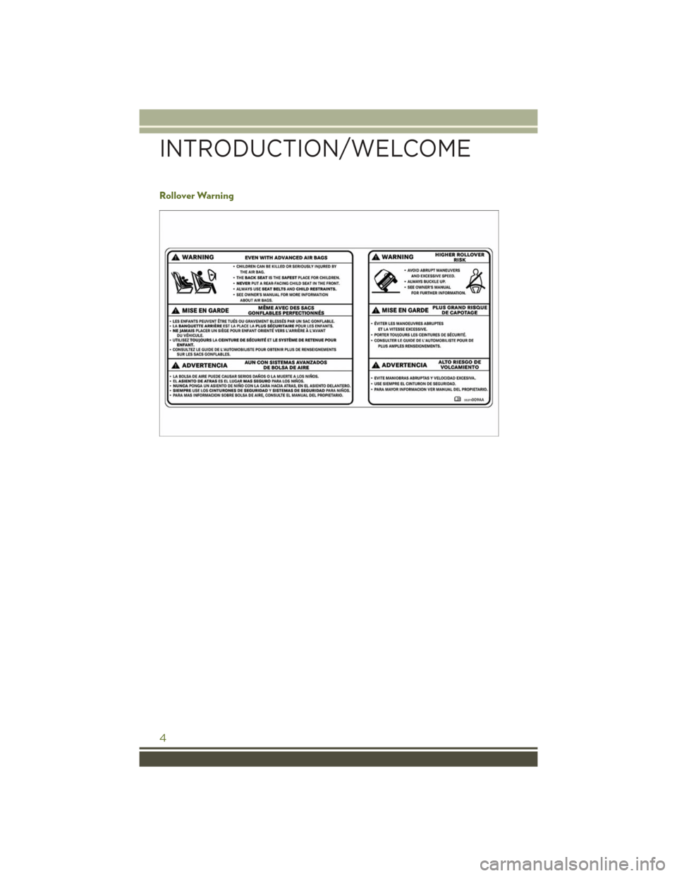 JEEP WRANGLER 2016 JK / 3.G User Guide Rollover Warning
INTRODUCTION/WELCOME
4 JEEP WRANGLER 2016 JK / 3.G User Guide Rollover Warning
INTRODUCTION/WELCOME
4