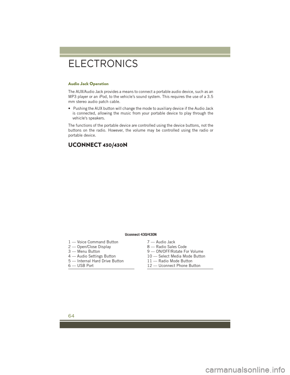 JEEP WRANGLER 2016 JK / 3.G User Guide Audio Jack Operation
The AUX/Audio Jack provides a means to connect a portable audio device, such as an
MP3 player or an iPod, to the vehicle’s sound system. This requires the use of a 3.5
mm stereo JEEP WRANGLER 2016 JK / 3.G User Guide Audio Jack Operation
The AUX/Audio Jack provides a means to connect a portable audio device, such as an
MP3 player or an iPod, to the vehicle’s sound system. This requires the use of a 3.5
mm stereo