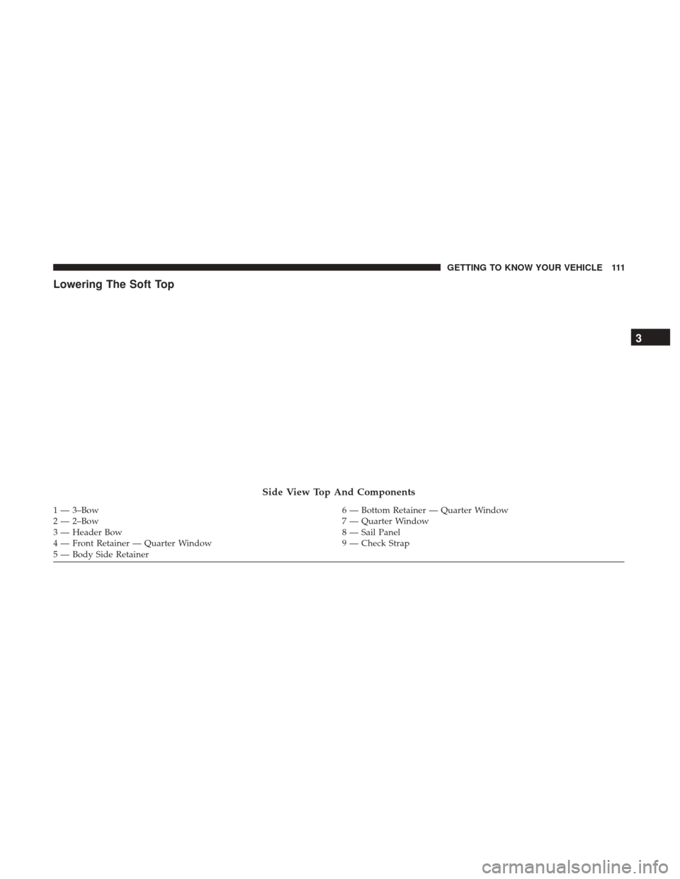 JEEP WRANGLER 2017 JK / 3.G Owners Manual Lowering The Soft Top
Side View Top And Components
1 — 3–Bow6 — Bottom Retainer — Quarter Window
2 — 2–Bow 7 — Quarter Window
3 — Header Bow 8 — Sail Panel
4 — Front Retainer — Q