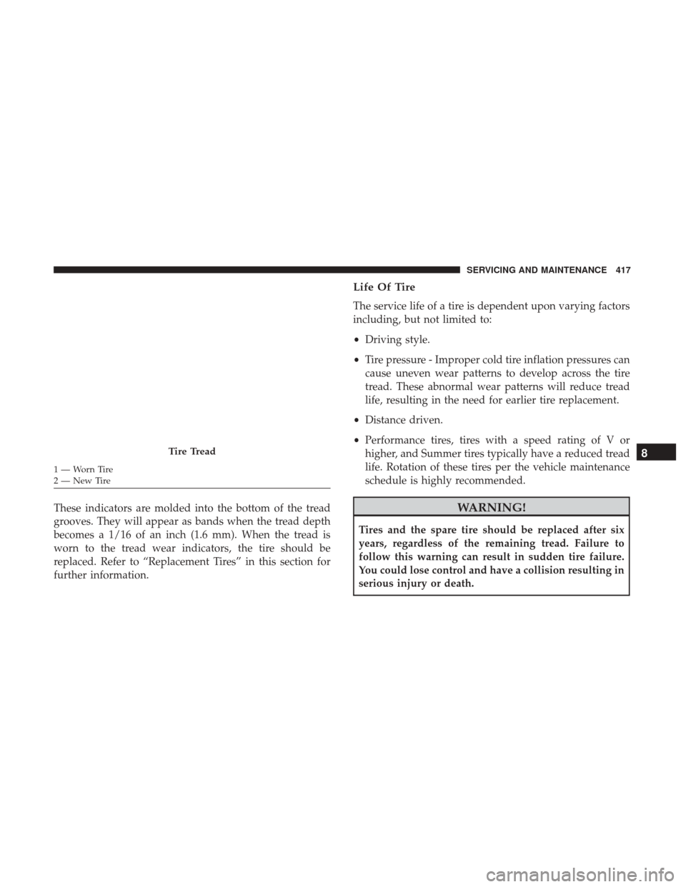 JEEP WRANGLER 2017 JK / 3.G Owners Manual These indicators are molded into the bottom of the tread
grooves. They will appear as bands when the tread depth
becomes a 1/16 of an inch (1.6 mm). When the tread is
worn to the tread wear indicators