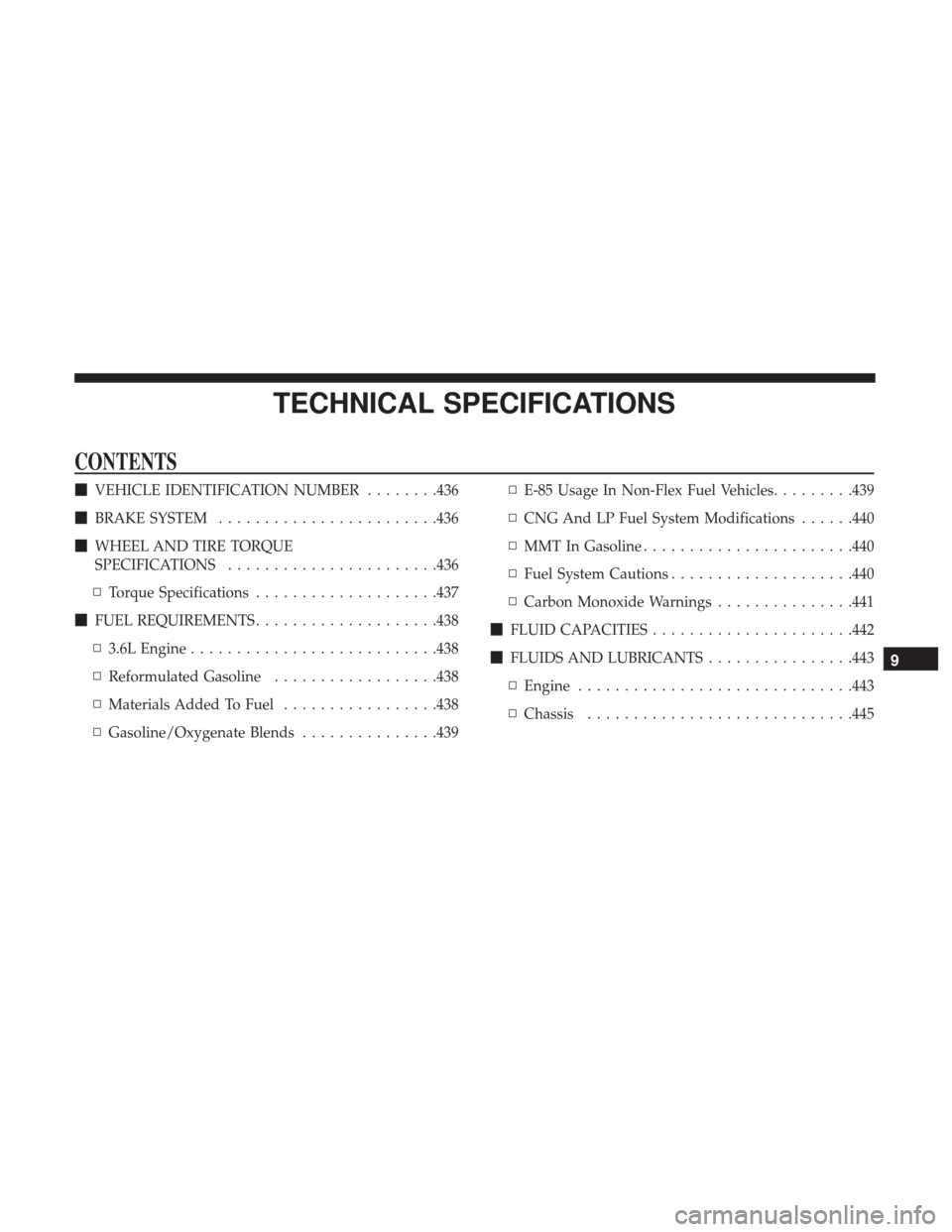 JEEP WRANGLER 2017 JK / 3.G Owners Manual TECHNICAL SPECIFICATIONS
CONTENTS
VEHICLE IDENTIFICATION NUMBER ........436
 BRAKE SYSTEM ....................... .436
 WHEEL AND TIRE TORQUE
SPECIFICATIONS ...................... .436
▫ Torque S