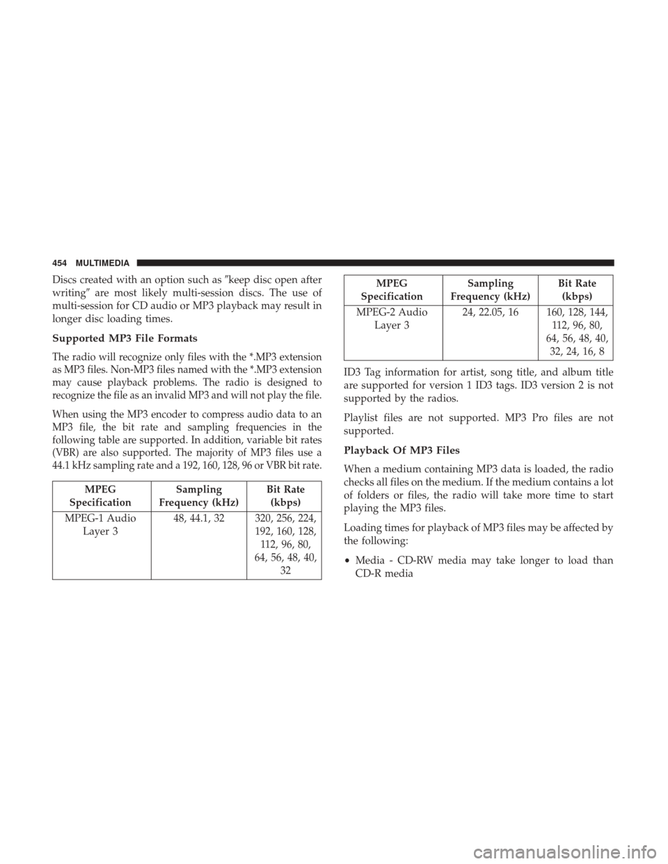 JEEP WRANGLER 2017 JK / 3.G Owners Manual Discs created with an option such askeep disc open after
writing are most likely multi-session discs. The use of
multi-session for CD audio or MP3 playback may result in
longer disc loading times.
S