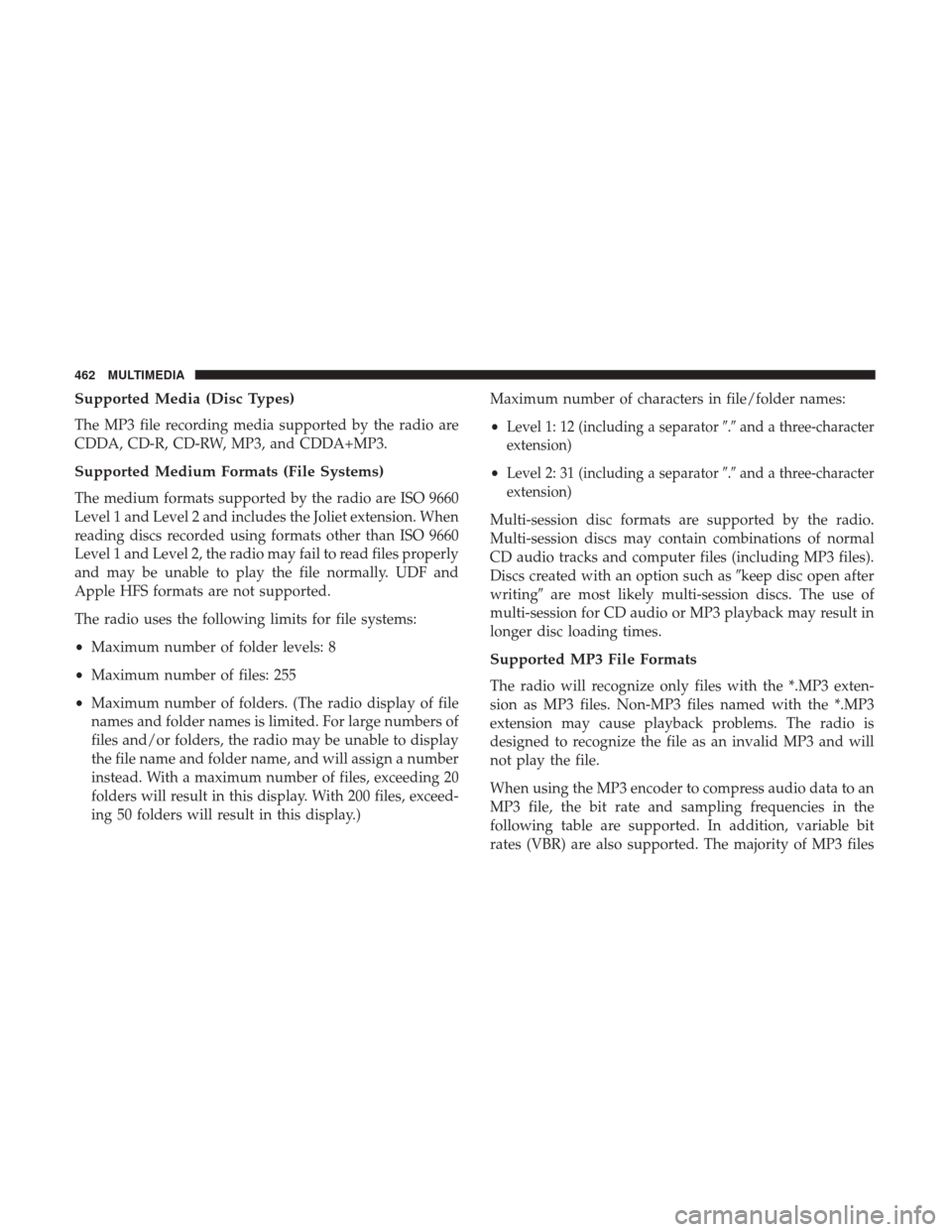JEEP WRANGLER 2017 JK / 3.G Owners Manual Supported Media (Disc Types)
The MP3 file recording media supported by the radio are
CDDA, CD-R, CD-RW, MP3, and CDDA+MP3.
Supported Medium Formats (File Systems)
The medium formats supported by the r JEEP WRANGLER 2017 JK / 3.G Owners Manual Supported Media (Disc Types)
The MP3 file recording media supported by the radio are
CDDA, CD-R, CD-RW, MP3, and CDDA+MP3.
Supported Medium Formats (File Systems)
The medium formats supported by the r
