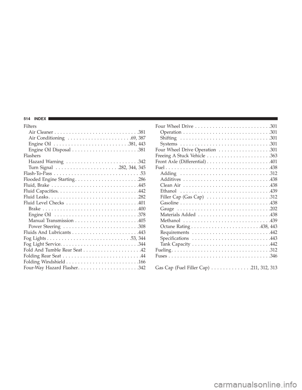 JEEP WRANGLER 2017 JK / 3.G Manual PDF FiltersAir Cleaner ............................ .381
Air Conditioning ..................... .69, 387
Engine Oil ......................... .381, 443
Engine Oil Disposal ...................... .381
Flas