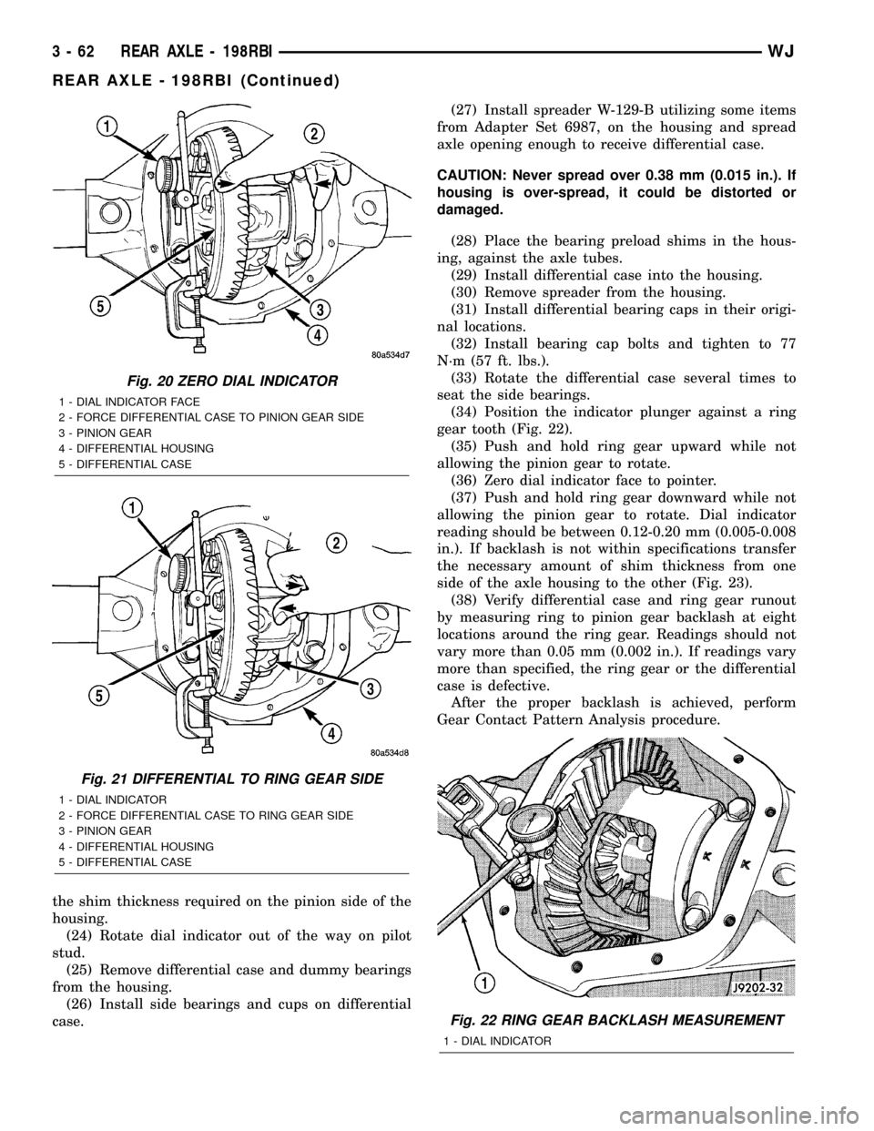 JEEP GRAND CHEROKEE 2003 WJ / 2.G Workshop Manual the shim thickness required on the pinion side of the
housing.
(24) Rotate dial indicator out of the way on pilot
stud.
(25) Remove differential case and dummy bearings
from the housing.
(26) Install 