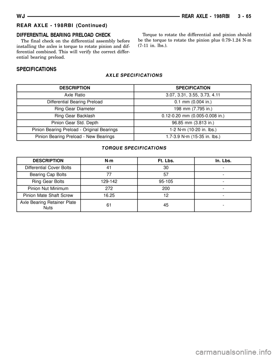 JEEP GRAND CHEROKEE 2002 WJ / 2.G Owners Manual DIFFERENTIAL BEARING PRELOAD CHECK
The final check on the differential assembly before
installing the axles is torque to rotate pinion and dif-
ferential combined. This will verify the correct differ-