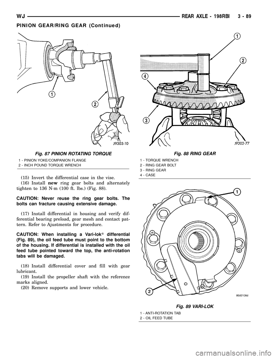 JEEP GRAND CHEROKEE 2003 WJ / 2.G Workshop Manual (15) Invert the differential case in the vise.
(16) Installnewring gear bolts and alternately
tighten to 136 N´m (100 ft. lbs.) (Fig. 88).
CAUTION: Never reuse the ring gear bolts. The
bolts can frac
