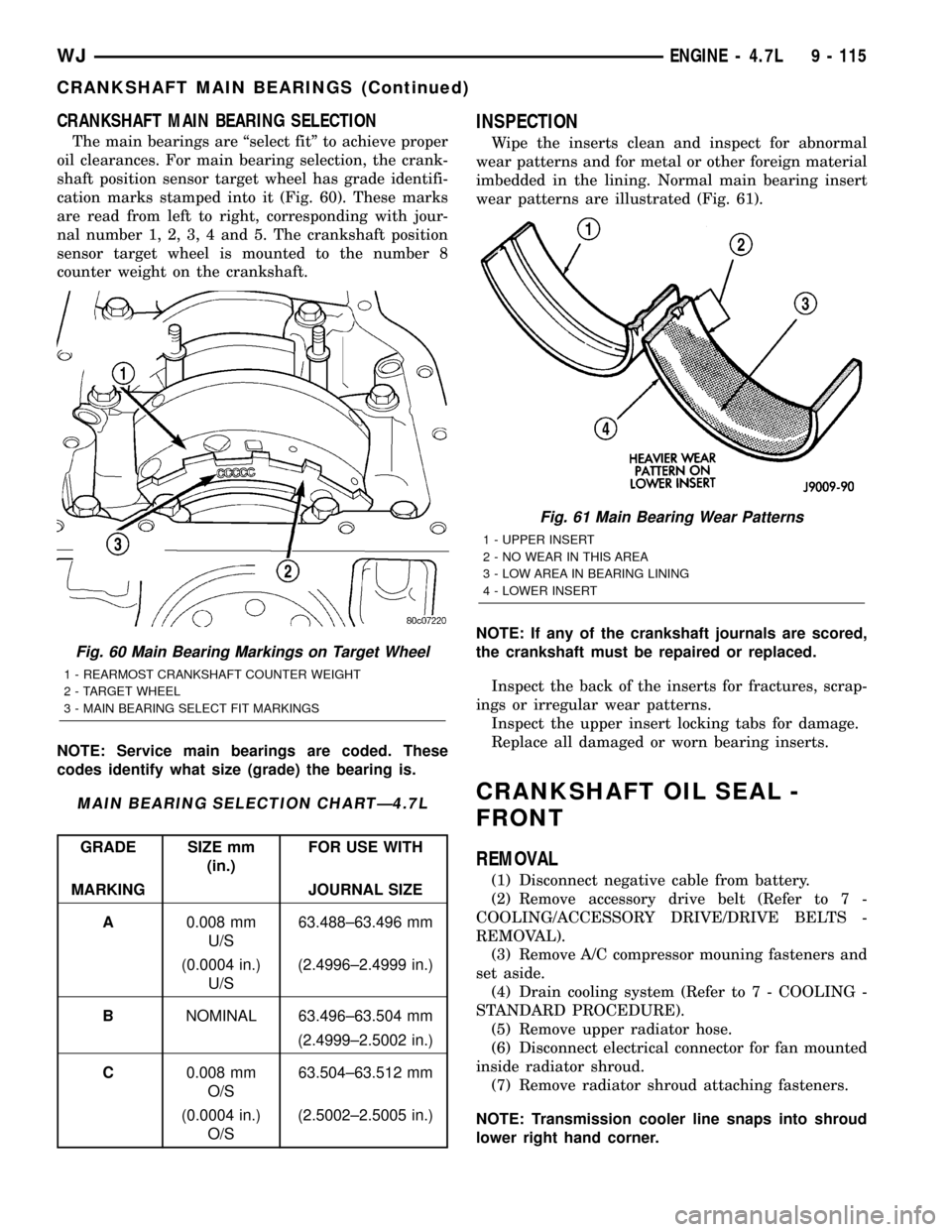 JEEP GRAND CHEROKEE 2002 WJ / 2.G Manual PDF CRANKSHAFT MAIN BEARING SELECTION
The main bearings are ªselect fitº to achieve proper
oil clearances. For main bearing selection, the crank-
shaft position sensor target wheel has grade identifi-
c