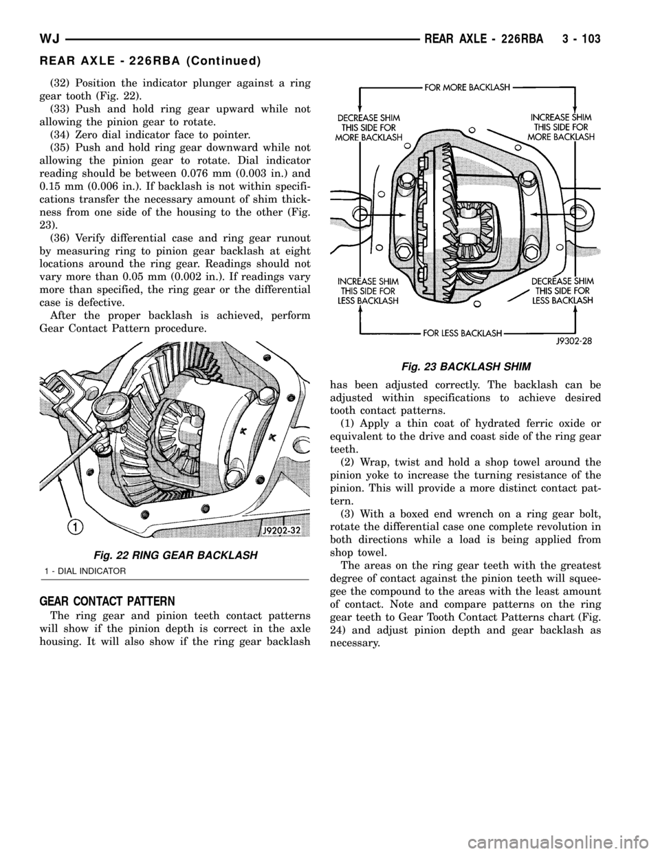 JEEP GRAND CHEROKEE 2002 WJ / 2.G Workshop Manual (32) Position the indicator plunger against a ring
gear tooth (Fig. 22).
(33) Push and hold ring gear upward while not
allowing the pinion gear to rotate.
(34) Zero dial indicator face to pointer.
(35