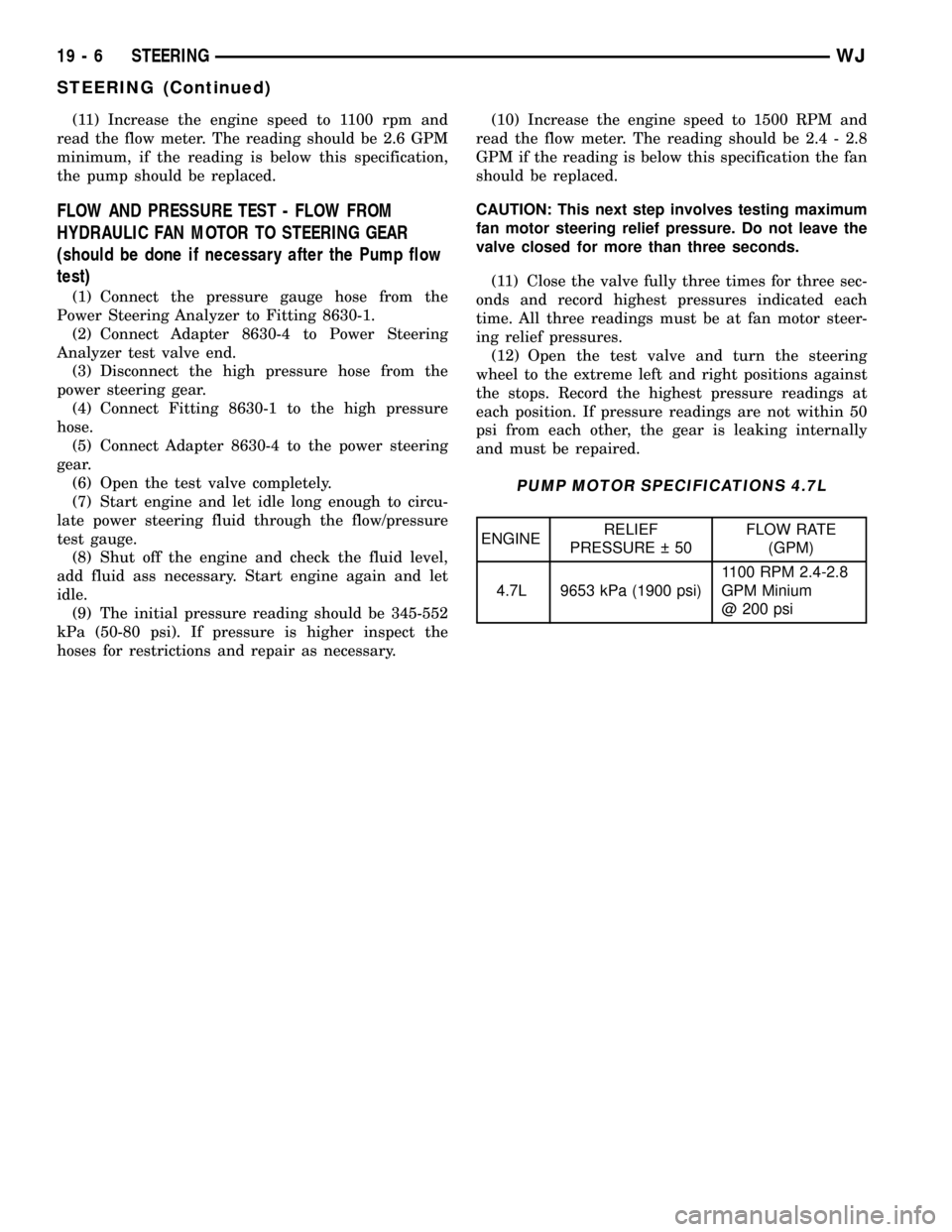 JEEP GRAND CHEROKEE 2002 WJ / 2.G User Guide (11) Increase the engine speed to 1100 rpm and
read the flow meter. The reading should be 2.6 GPM
minimum, if the reading is below this specification,
the pump should be replaced.
FLOW AND PRESSURE TE
