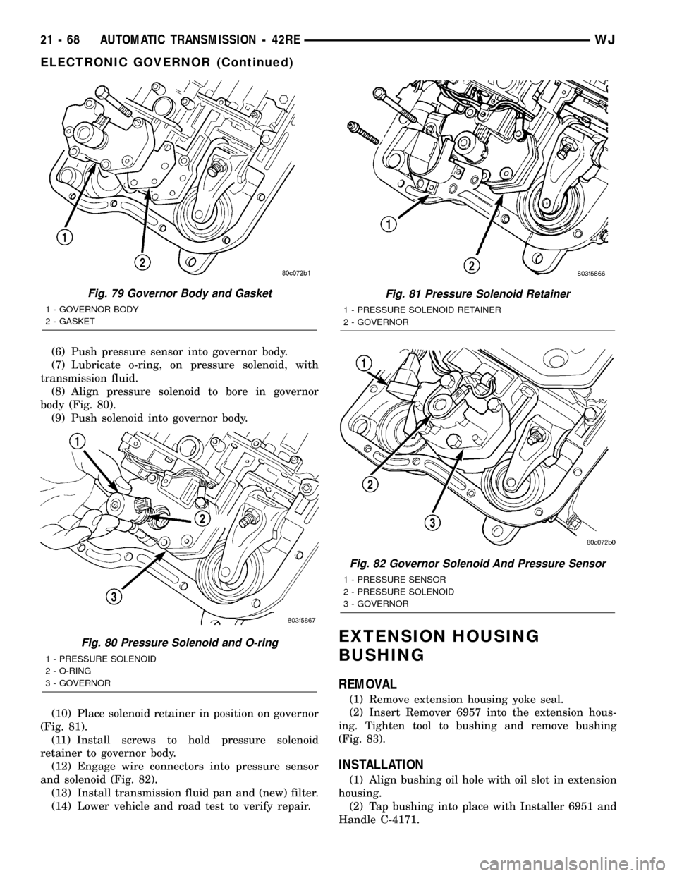 JEEP GRAND CHEROKEE 2002 WJ / 2.G Service Manual (6) Push pressure sensor into governor body.
(7) Lubricate o-ring, on pressure solenoid, with
transmission fluid.
(8) Align pressure solenoid to bore in governor
body (Fig. 80).
(9) Push solenoid into