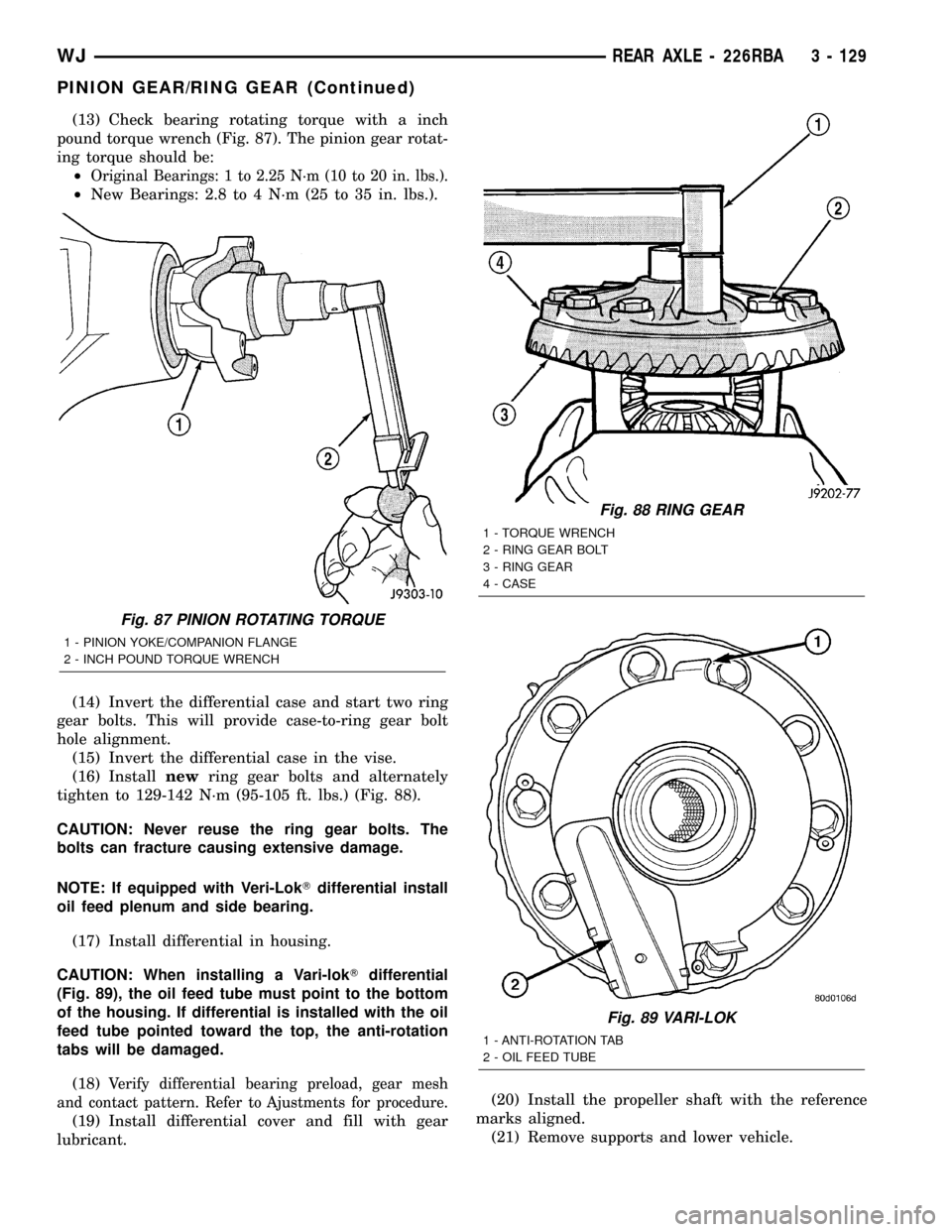 JEEP GRAND CHEROKEE 2003 WJ / 2.G Workshop Manual (13) Check bearing rotating torque with a inch
pound torque wrench (Fig. 87). The pinion gear rotat-
ing torque should be:
²
Original Bearings: 1 to 2.25 N´m (10 to 20 in. lbs.).
²New Bearings: 2.8