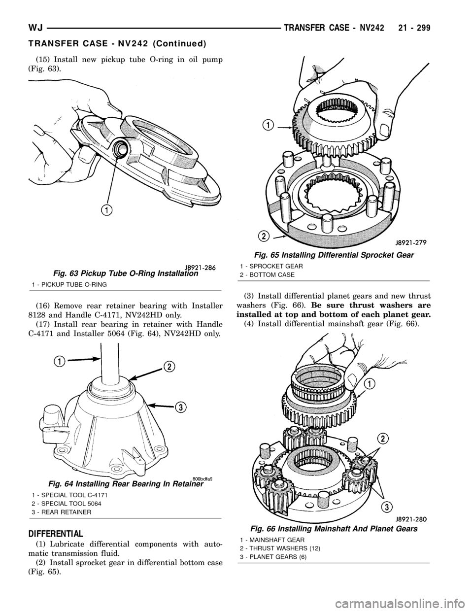 JEEP GRAND CHEROKEE 2002 WJ / 2.G Workshop Manual (15) Install new pickup tube O-ring in oil pump
(Fig. 63).
(16) Remove rear retainer bearing with Installer
8128 and Handle C-4171, NV242HD only.
(17) Install rear bearing in retainer with Handle
C-41