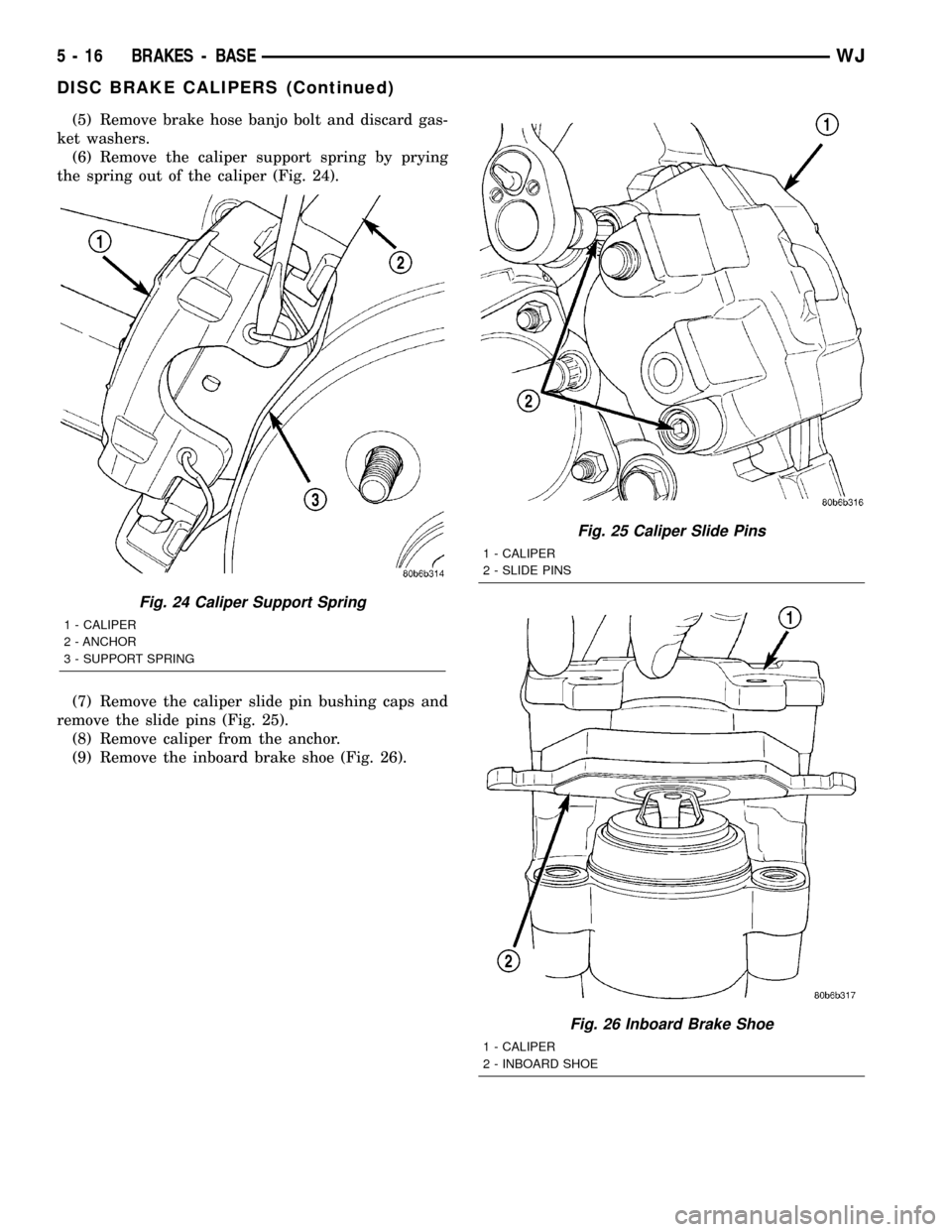 JEEP GRAND CHEROKEE 2002 WJ / 2.G Owners Guide (5) Remove brake hose banjo bolt and discard gas-
ket washers.
(6) Remove the caliper support spring by prying
the spring out of the caliper (Fig. 24).
(7) Remove the caliper slide pin bushing caps an