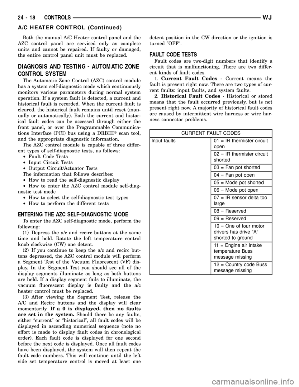 JEEP GRAND CHEROKEE 2002 WJ / 2.G Workshop Manual Both the manual A/C Heater control panel and the
AZC control panel are serviced only as complete
units and cannot be repaired. If faulty or damaged,
the entire control panel unit must be replaced.
DIA
