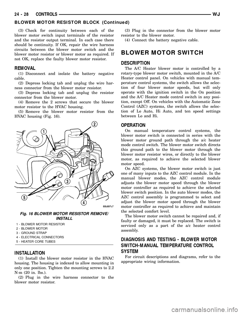 JEEP GRAND CHEROKEE 2003 WJ / 2.G Workshop Manual (3) Check for continuity between each of the
blower motor switch input terminals of the resistor
and the resistor output terminal. In each case there
should be continuity. If OK, repair the wire harne