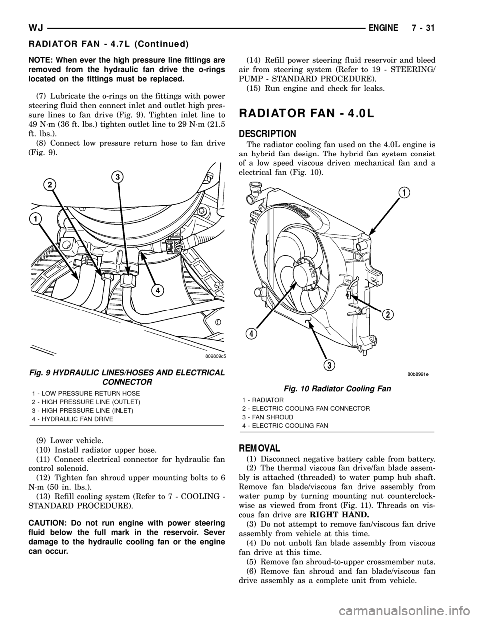 JEEP GRAND CHEROKEE 2003 WJ / 2.G Workshop Manual NOTE: When ever the high pressure line fittings are
removed from the hydraulic fan drive the o-rings
located on the fittings must be replaced.
(7) Lubricate the o-rings on the fittings with power
stee