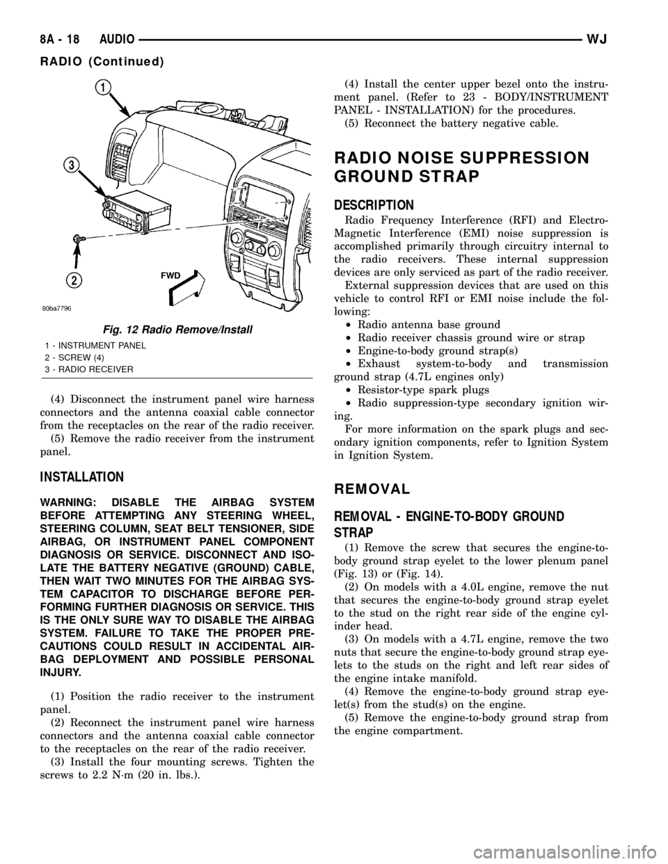 JEEP GRAND CHEROKEE 2003 WJ / 2.G Service Manual (4) Disconnect the instrument panel wire harness
connectors and the antenna coaxial cable connector
from the receptacles on the rear of the radio receiver.
(5) Remove the radio receiver from the instr