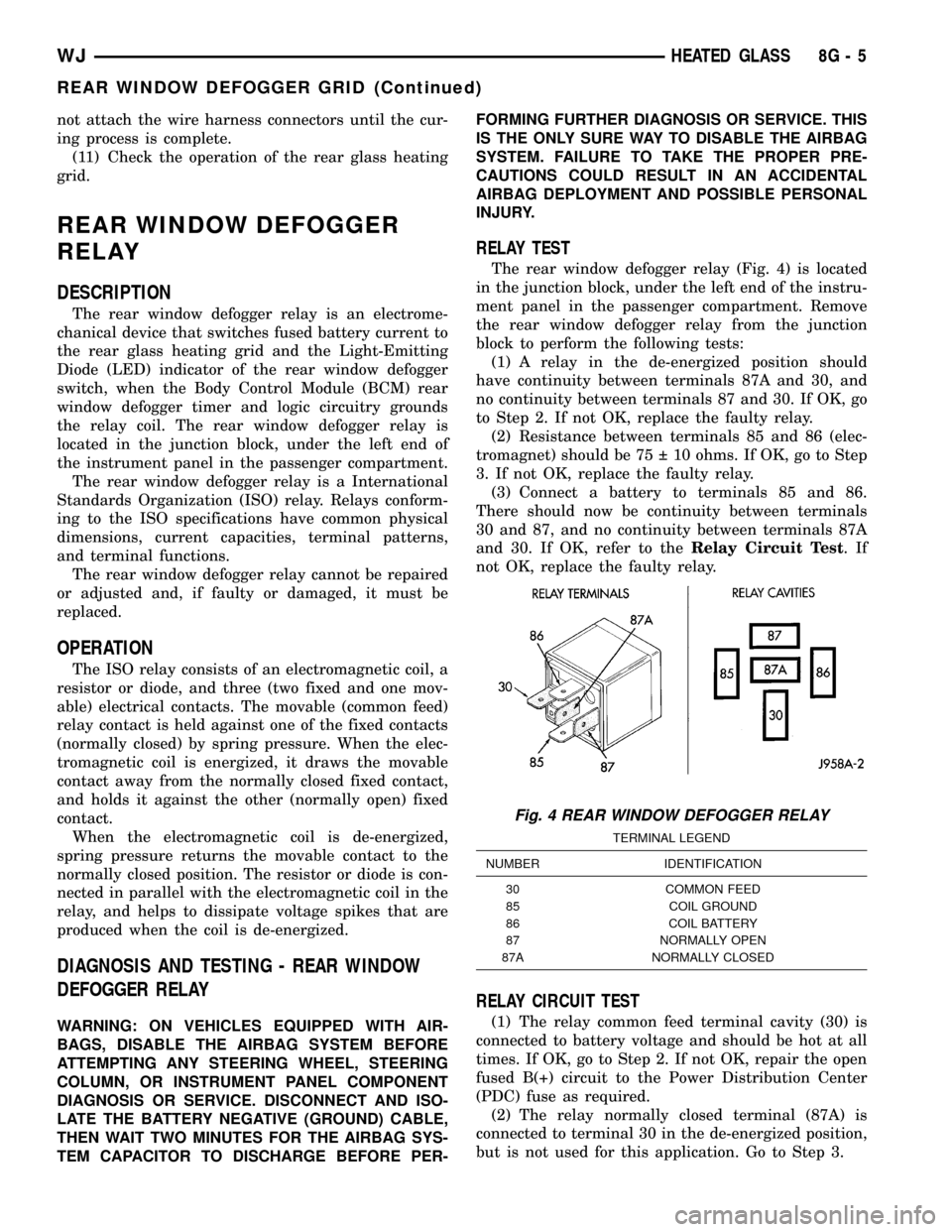 JEEP GRAND CHEROKEE 2002 WJ / 2.G Workshop Manual not attach the wire harness connectors until the cur-
ing process is complete.
(11) Check the operation of the rear glass heating
grid.
REAR WINDOW DEFOGGER
RELAY
DESCRIPTION
The rear window defogger 