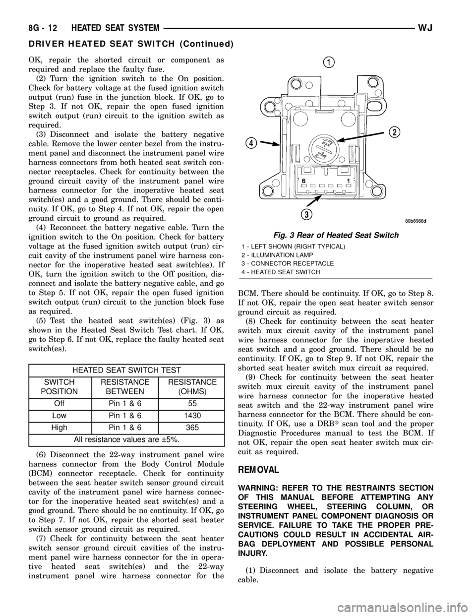 JEEP GRAND CHEROKEE 2002 WJ / 2.G Workshop Manual OK, repair the shorted circuit or component as
required and replace the faulty fuse.
(2) Turn the ignition switch to the On position.
Check for battery voltage at the fused ignition switch
output (run