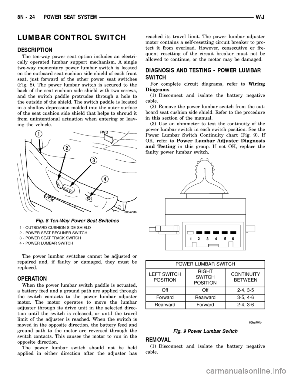 JEEP GRAND CHEROKEE 2002 WJ / 2.G Repair Manual LUMBAR CONTROL SWITCH
DESCRIPTION
The ten-way power seat option includes an electri-
cally operated lumbar support mechanism. A single
two-way momentary power lumbar switch is located
on the outboard 