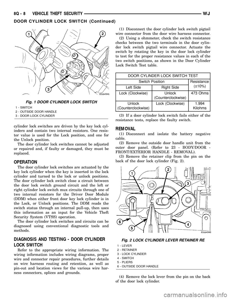 JEEP GRAND CHEROKEE 2002 WJ / 2.G Repair Manual cylinder lock switches are driven by the key lock cyl-
inders and contain two internal resistors. One resis-
tor value is used for the Lock position, and one for
the Unlock position.
The door cylinder