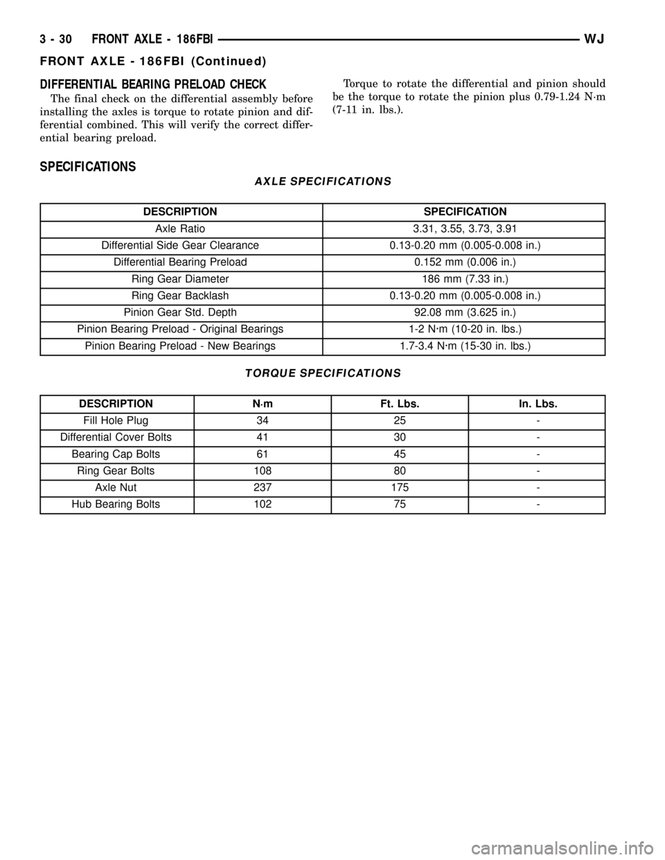 JEEP GRAND CHEROKEE 2002 WJ / 2.G User Guide DIFFERENTIAL BEARING PRELOAD CHECK
The final check on the differential assembly before
installing the axles is torque to rotate pinion and dif-
ferential combined. This will verify the correct differ-