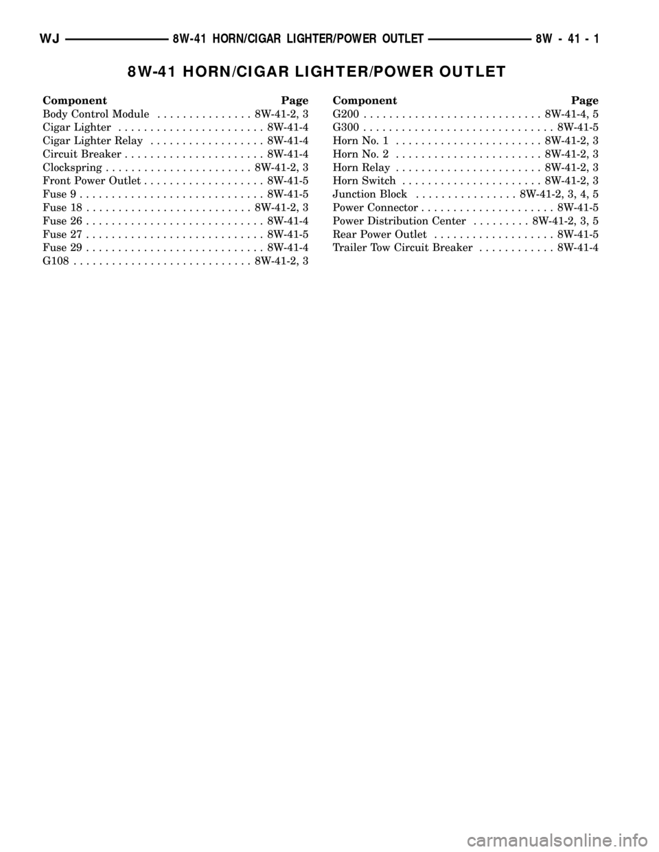 JEEP GRAND CHEROKEE 2002 WJ / 2.G Workshop Manual 8W-41 HORN/CIGAR LIGHTER/POWER OUTLET
Component Page
Body Control Module............... 8W-41-2, 3
Cigar Lighter....................... 8W-41-4
Cigar Lighter Relay.................. 8W-41-4
Circuit Br