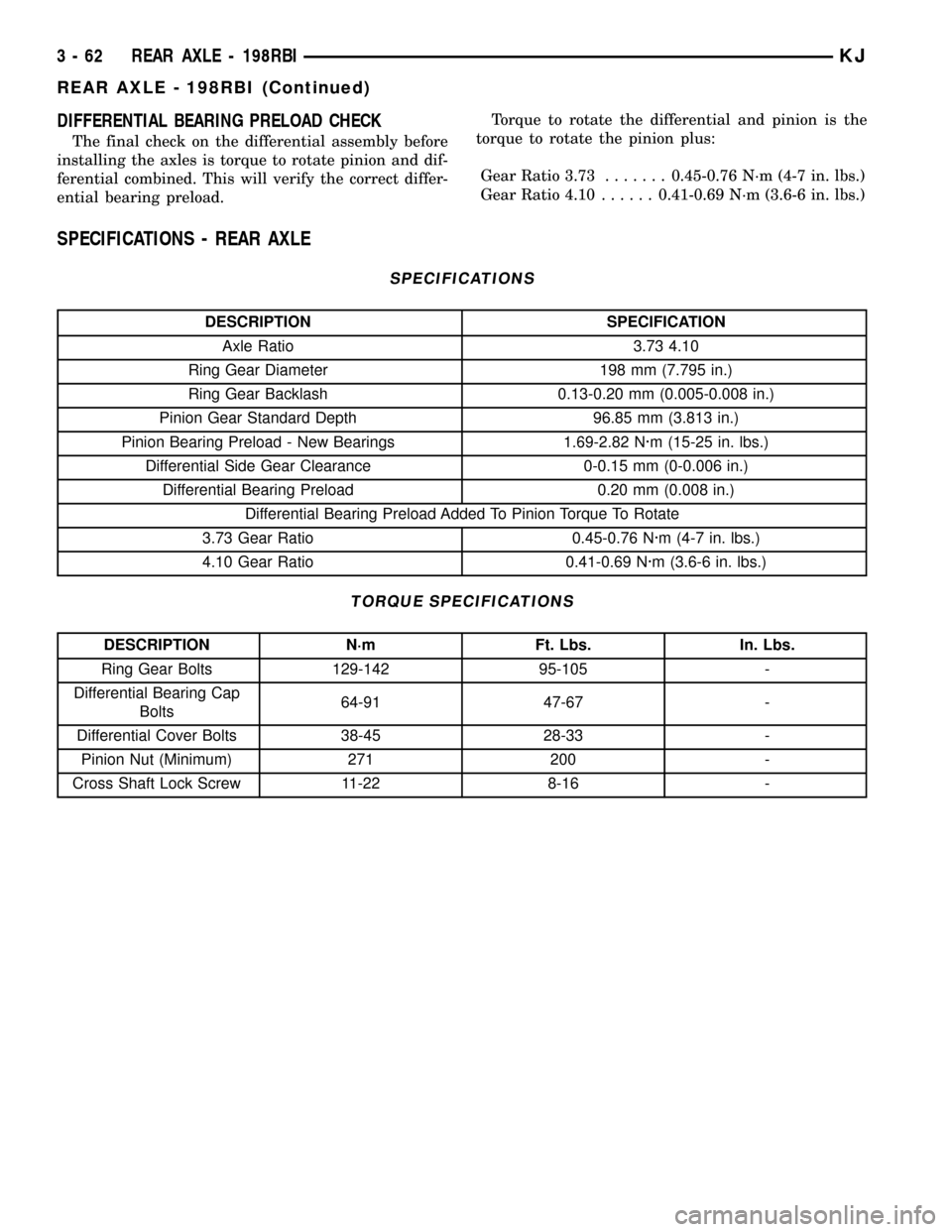 JEEP LIBERTY 2002 KJ / 1.G Workshop Manual DIFFERENTIAL BEARING PRELOAD CHECK
The final check on the differential assembly before
installing the axles is torque to rotate pinion and dif-
ferential combined. This will verify the correct differ-