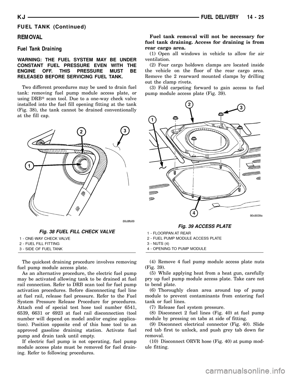 JEEP LIBERTY 2002 KJ / 1.G Workshop Manual REMOVAL
Fuel Tank Draining
WARNING: THE FUEL SYSTEM MAY BE UNDER
CONSTANT FUEL PRESSURE EVEN WITH THE
ENGINE OFF. THIS PRESSURE MUST BE
RELEASED BEFORE SERVICING FUEL TANK.
Two different procedures ma