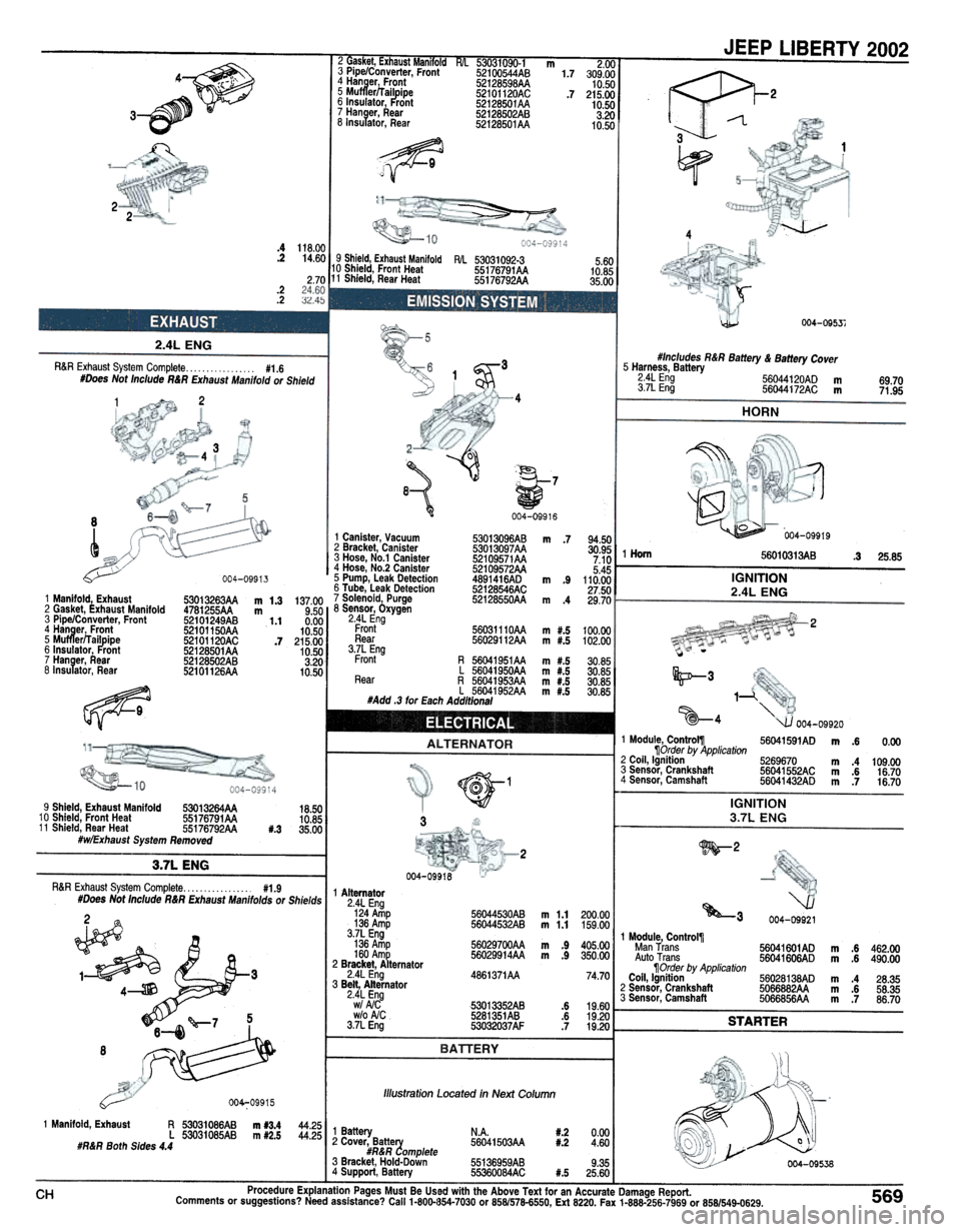 JEEP LIBERTY 2002 KJ / 1.G Workshop Manual JEEP LIBERTY 200253031090-1 m 2.00~3 Pip Converter, Front 52100544AB 1.7 309.00(J>I-4 -<-," 4 HangerJront 52128598AA 10.50 2  5 Muffleu I ailpipe 52101120AC.7 215.00
~6 Insulator, Front 52128501AA 1