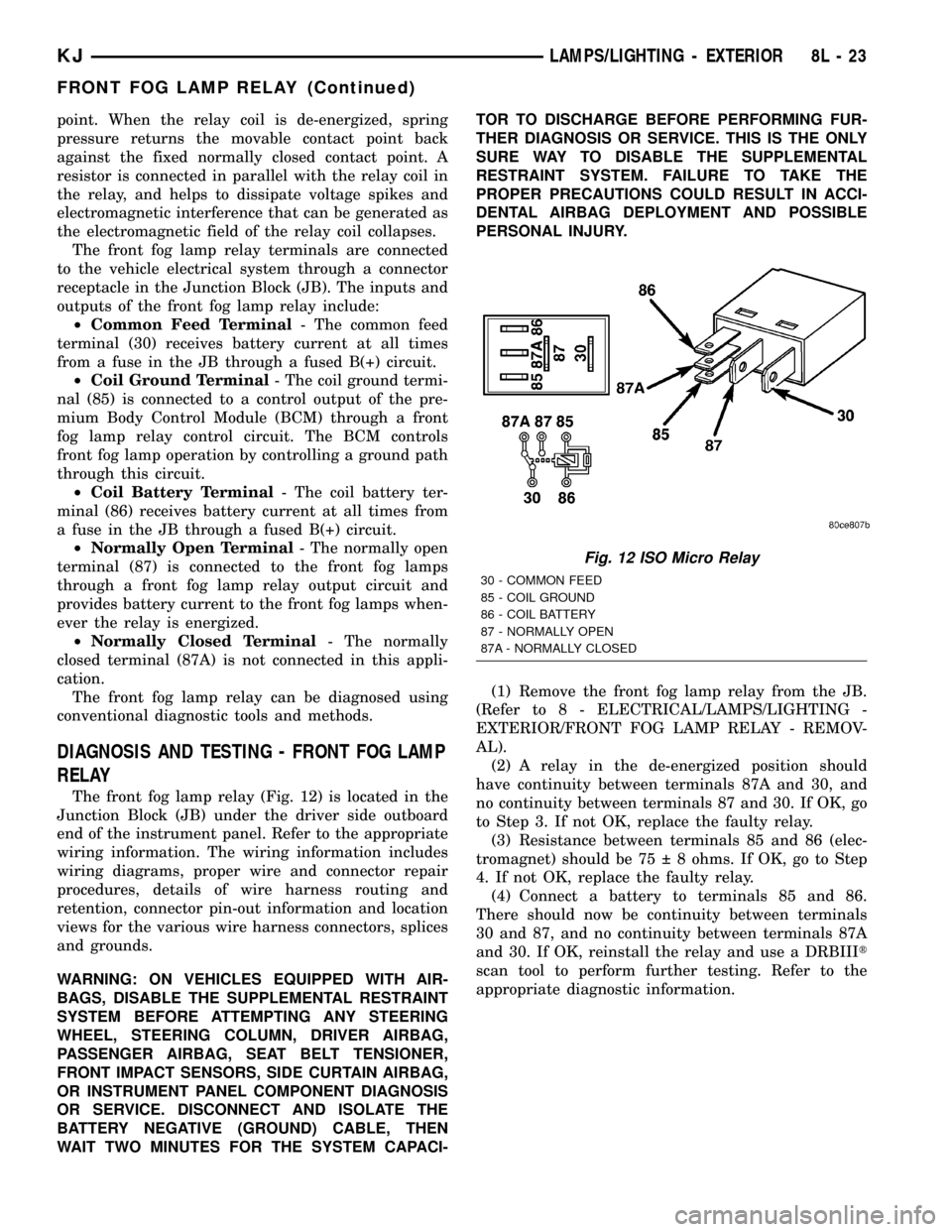 JEEP LIBERTY 2002 KJ / 1.G Service Manual point. When the relay coil is de-energized, spring
pressure returns the movable contact point back
against the fixed normally closed contact point. A
resistor is connected in parallel with the relay c